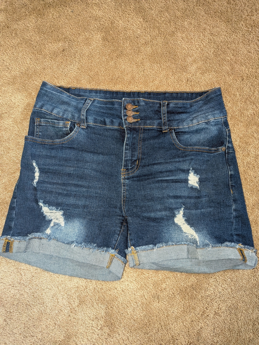 Dark Blue Distressed Denim Shorts - Women